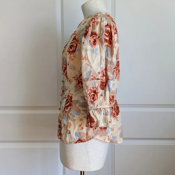 Free People Top Blouse Short Sleeve Deep V-Neck Floral Print Linen Ivory L NWT - Picture 9 of 16